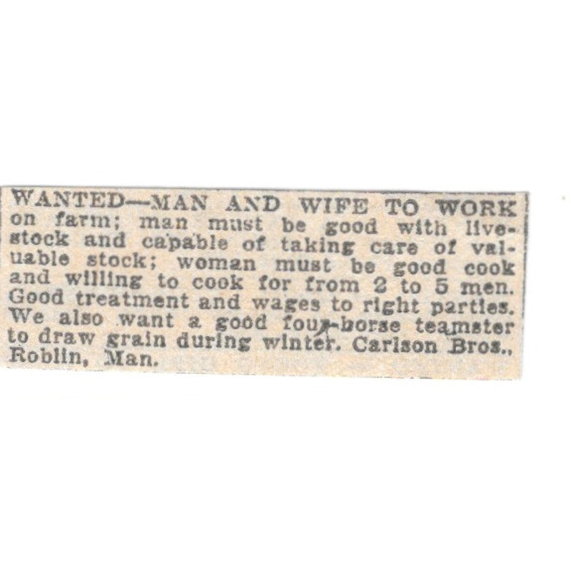 Carlson Bros. Farm Help Wanted Roblin Manitoba 1920 Ad AG2-S4