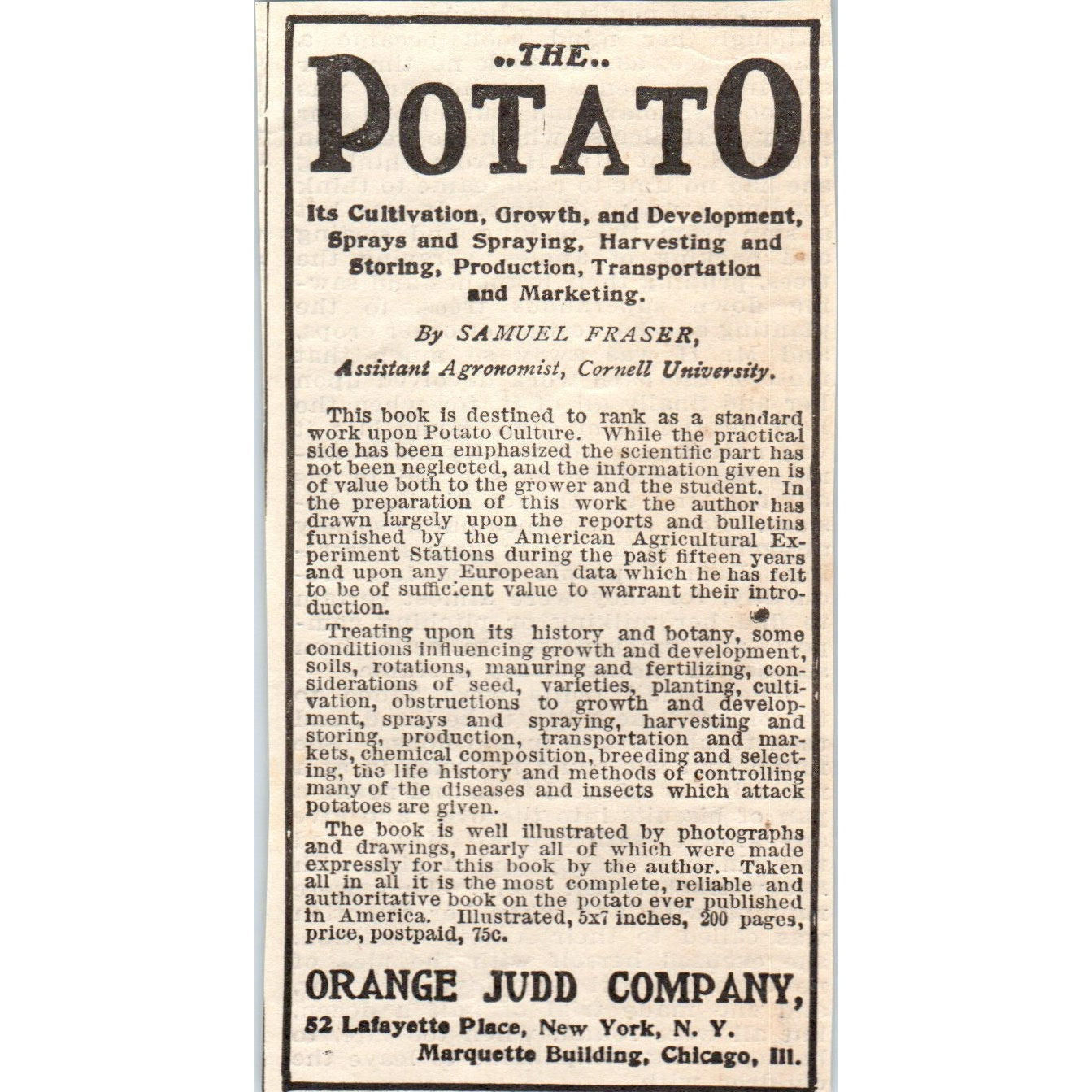 Orange Judd Company Potato Cultivation Samuel Fraser 1905 Magazine Ad AF1-NH1