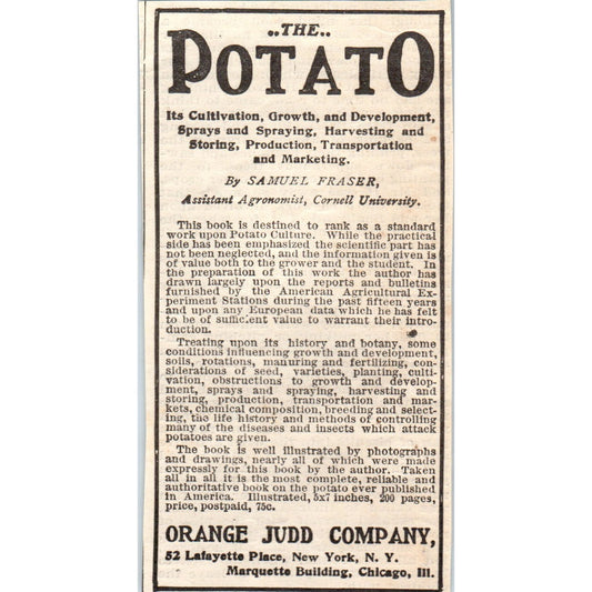 Orange Judd Company Potato Cultivation Samuel Fraser 1905 Magazine Ad AF1-NH1