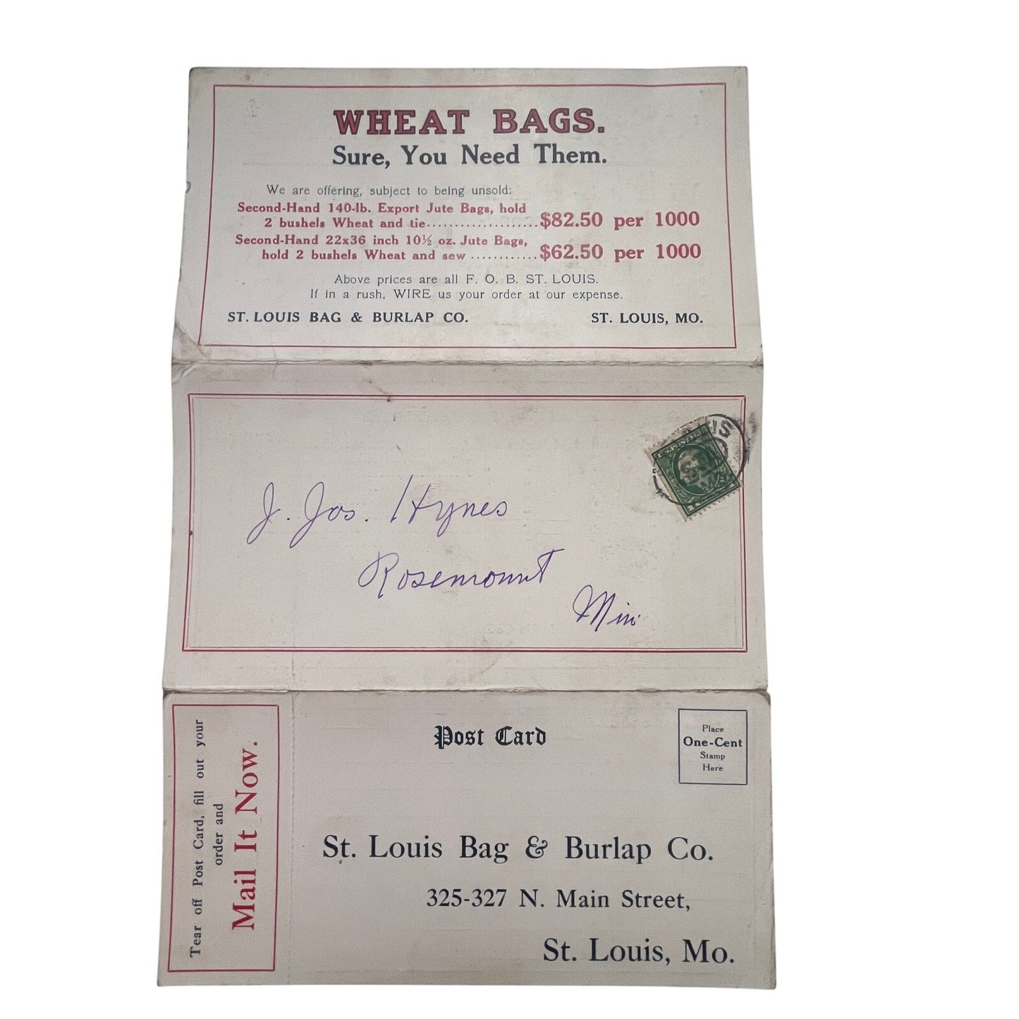 c1910 St. Louis Bag & Burlap Co St. Louis MO Postal Mailing Card Postcard AJ4-3