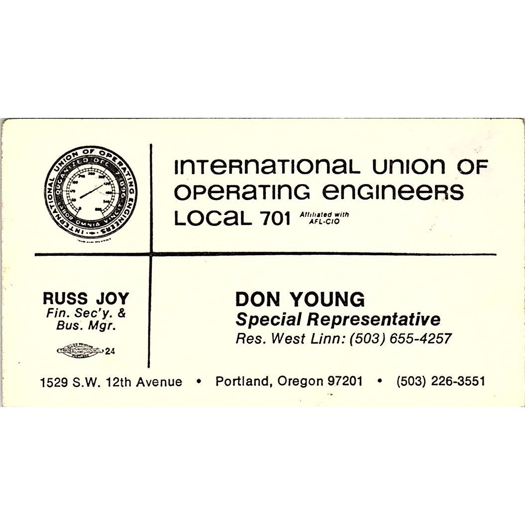 Don Young Operating Engineers Local 701 Portland Vintage Business Card SC9-B13