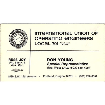Don Young Operating Engineers Local 701 Portland Vintage Business Card SC9-B13