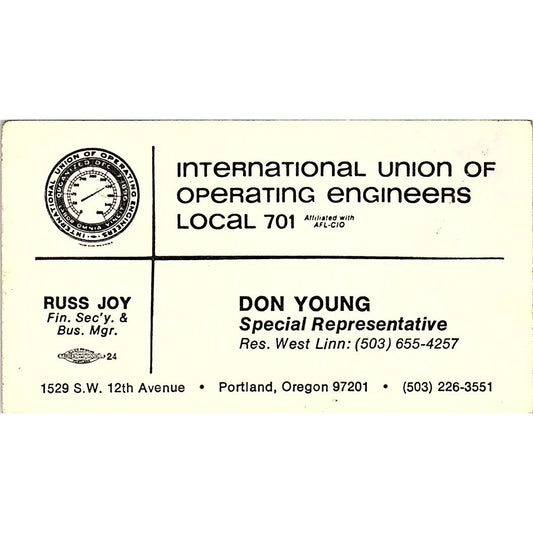Don Young Operating Engineers Local 701 Portland Vintage Business Card SC9-B13