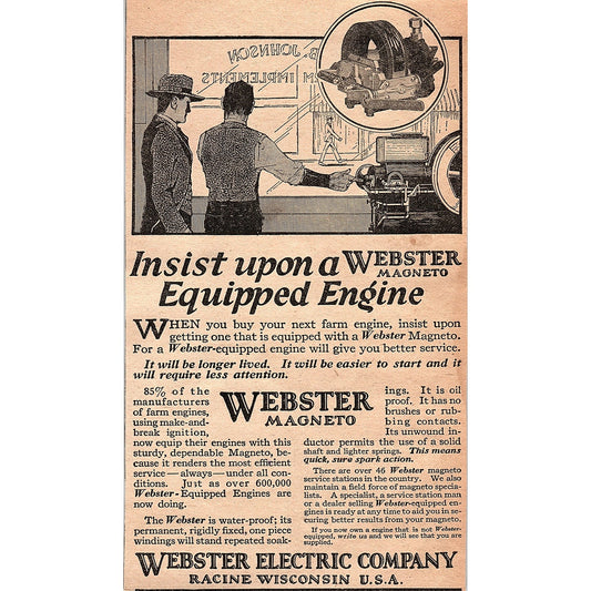 Webster Magneto Engine Webster Electric Co Racine WI 1920 Ad AG2-6