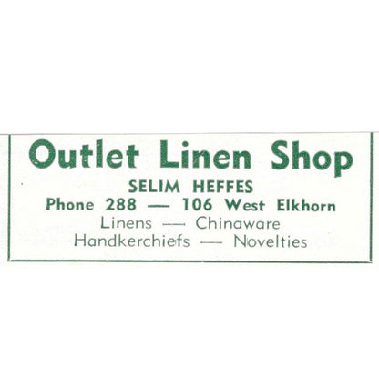 Outlet Linen Shop Selim Heffes 106 West Elkhorn 1957 Estes Park CO Ad AG4-S11