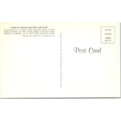 North Manchester Bridge Wabash County Eel River IN Covered Bridge Postcard PB12