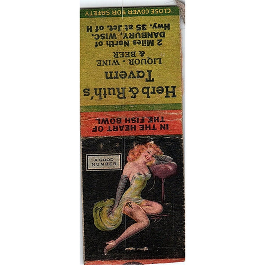 Herb & Ruth's Tavern Danbury WI Pinup Vintage Matchbook Cover SC7-Y8