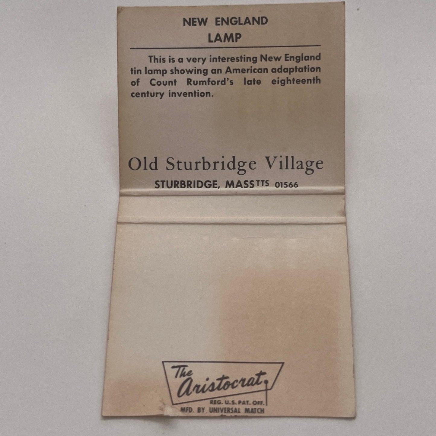 Old Sturbridge Village New England Lamp MA Vintage Matchbook Cover TB8-MB2-2