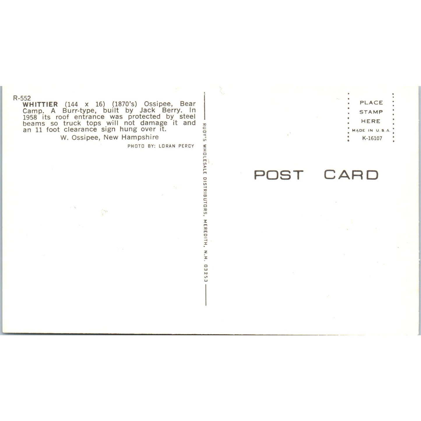 Whittier Bridge West Ossipee NH Vintage Covered Bridge Postcard PC17