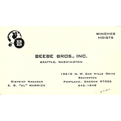 Beebe Bros Inc. E.B. Al Warwick Seattle Washington Business Card SB4-B4