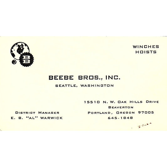 Beebe Bros Inc. E.B. Al Warwick Seattle Washington Business Card SB4-B4