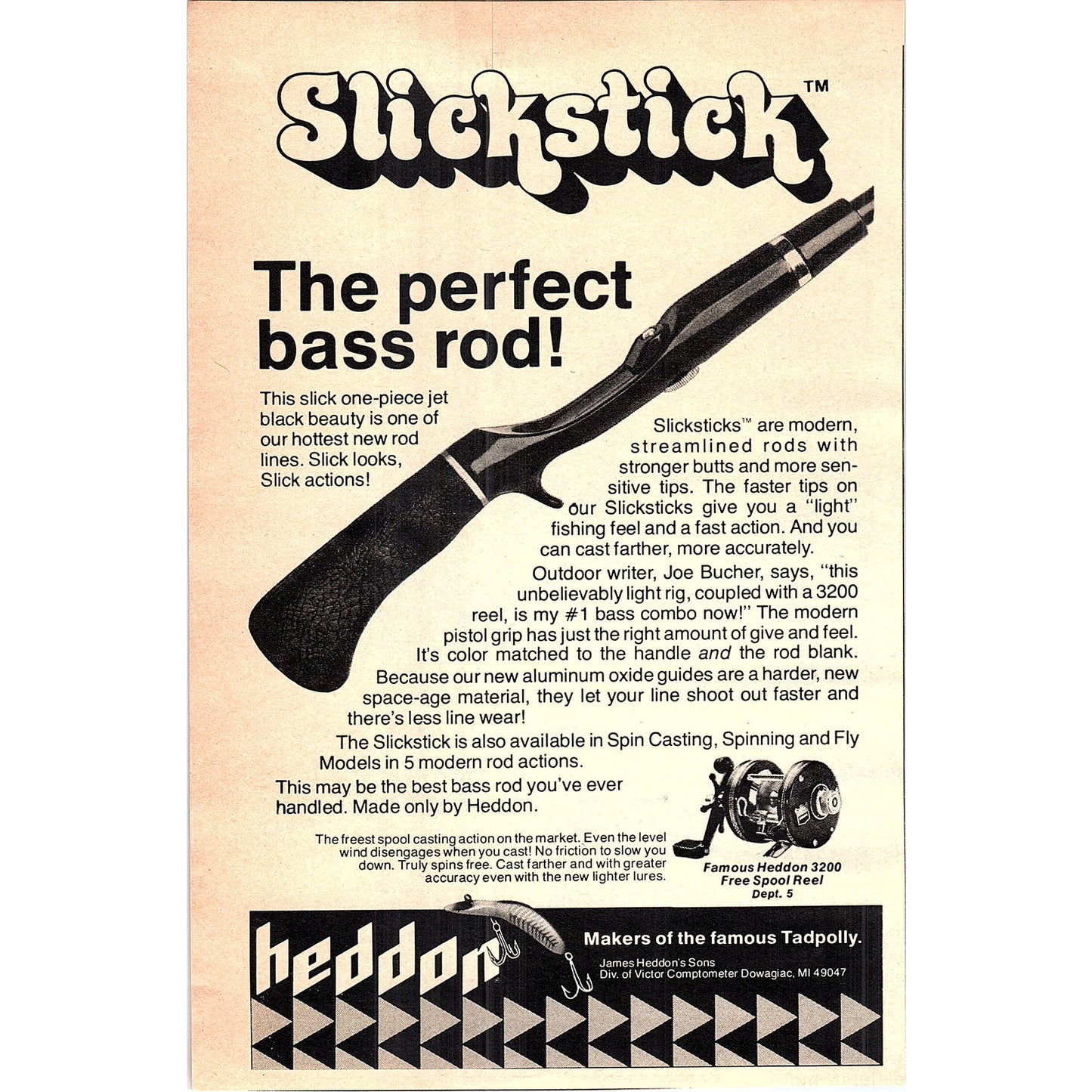 Heddon Slickstick Bass Rod 3200 Freespool Reel Dowagiac MI 1977 Ad AF6-5