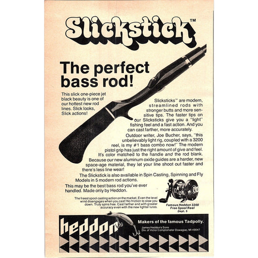 Heddon Slickstick Bass Rod 3200 Freespool Reel Dowagiac MI 1977 Ad AF6-5
