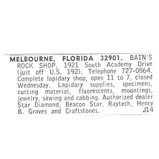Bain's Rock Shop Lapidary Supply Melbourne Florida 1972 Ad AF8-S21