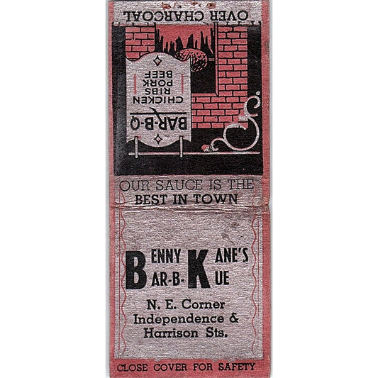 Benny Kane's Barbeque Independence & Harrison St Vintage Matchbook Cover SF3-Y4