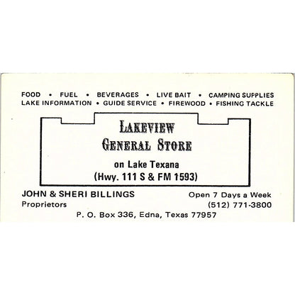 Lakeview General Store John & Sheri Billings Edna TX Vtg Business Card SD9-B12