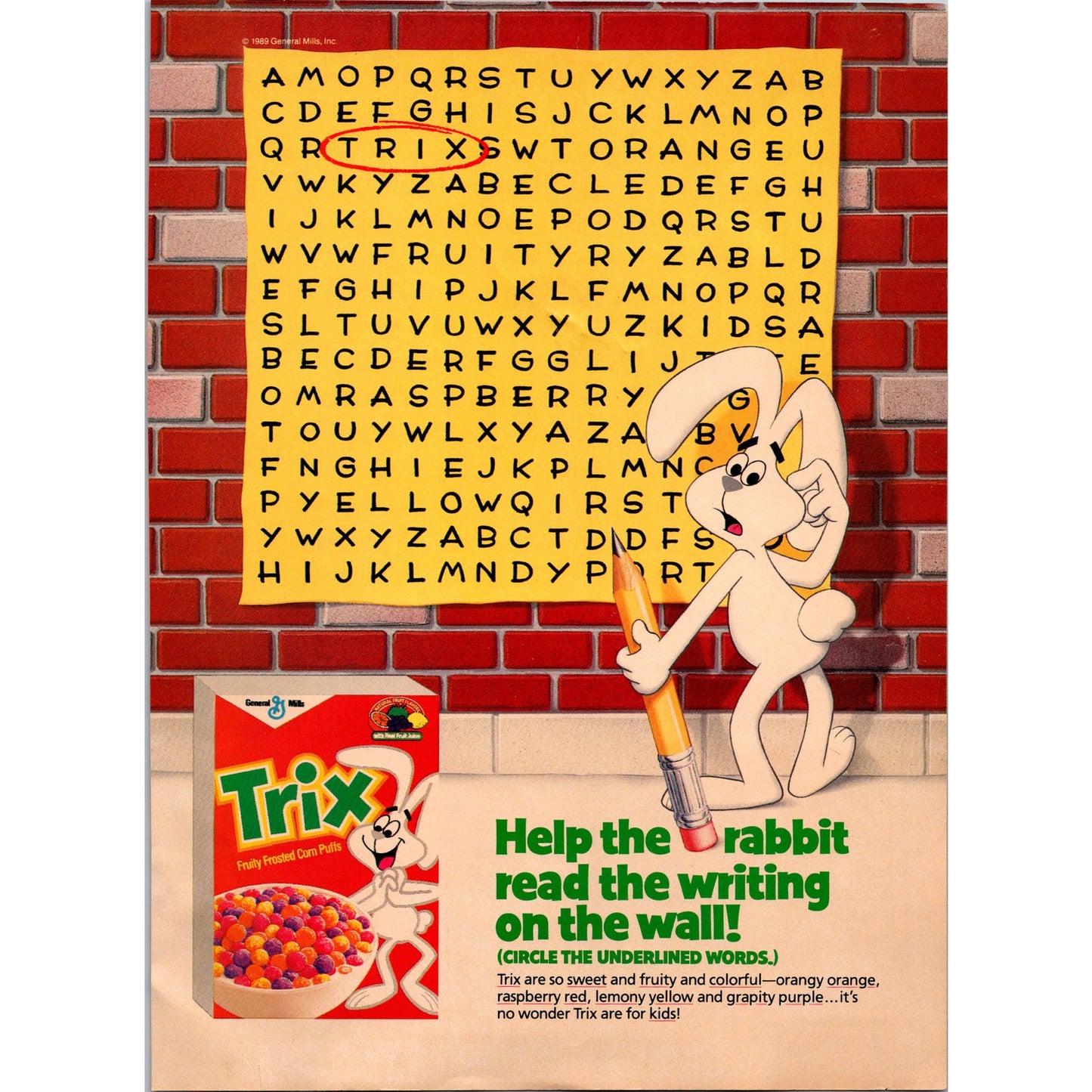Trix Cereal Word Find Puzzle General Mills 1989 Ad B21