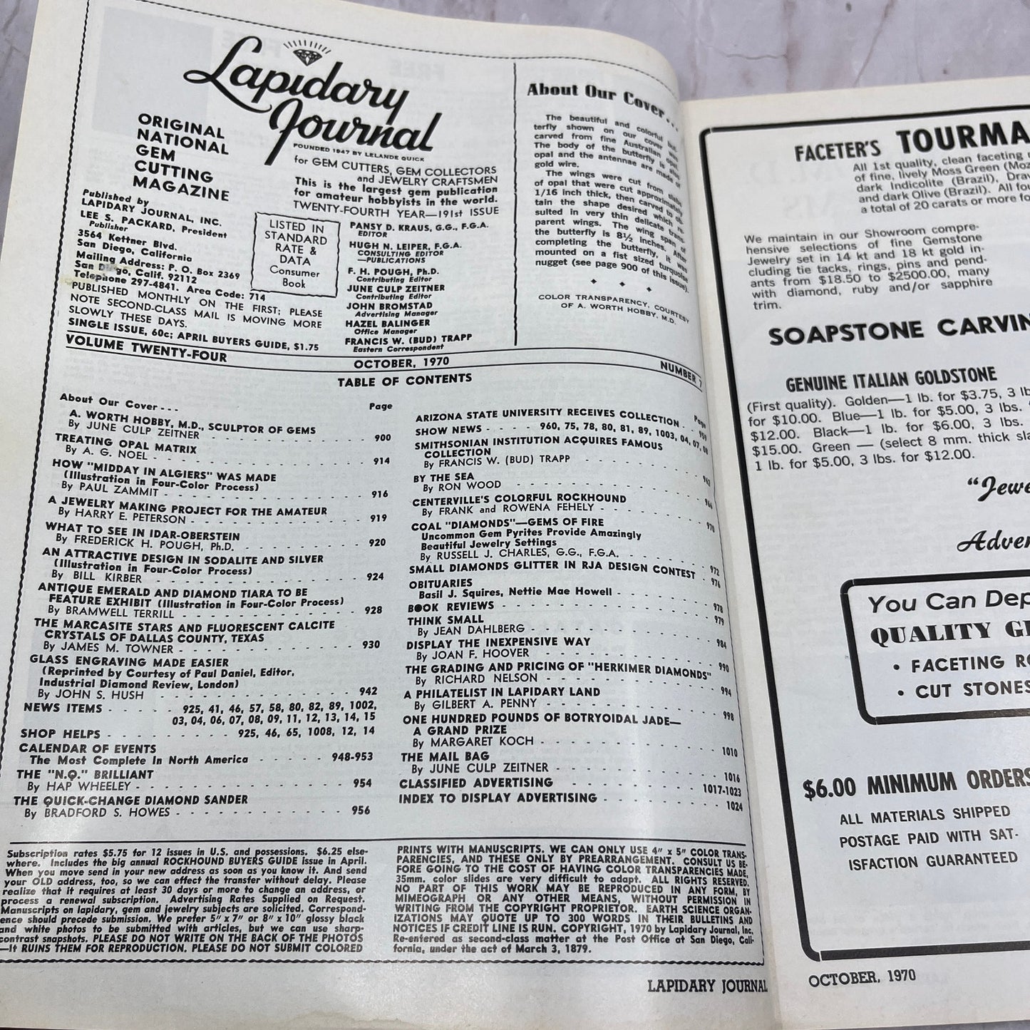 Opal Butterfly A. Worth Hobby - Lapidary Journal Magazine - Oct 1970 M24