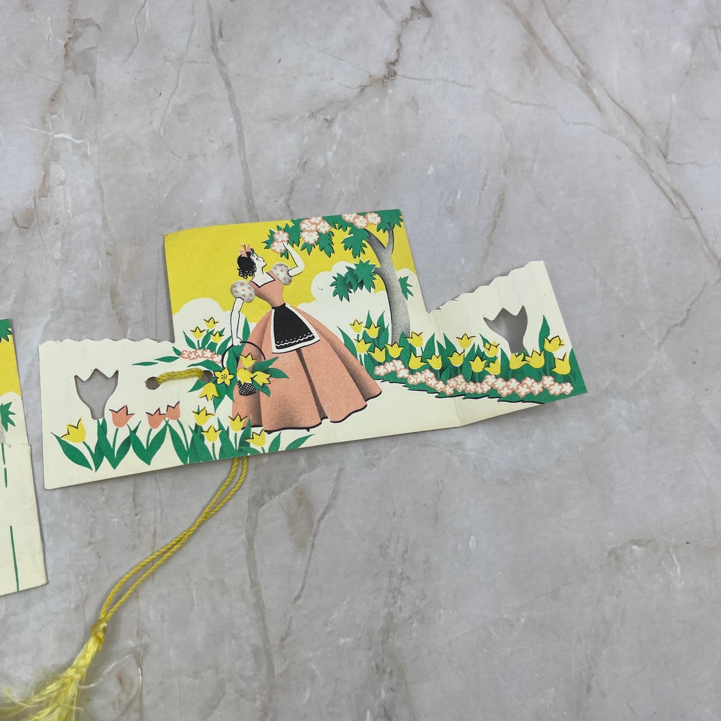 Vintage Set of Two Fold Out Bridge Tally Cards Girl Picking Flowers AE4