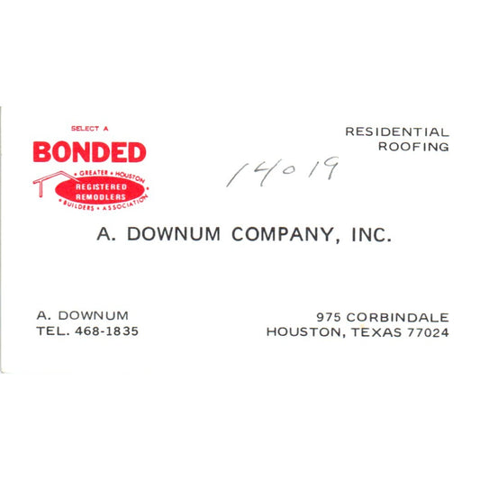 A. Downum Company Inc Residential Roofing Houston Vintage Business Card SD8-B14