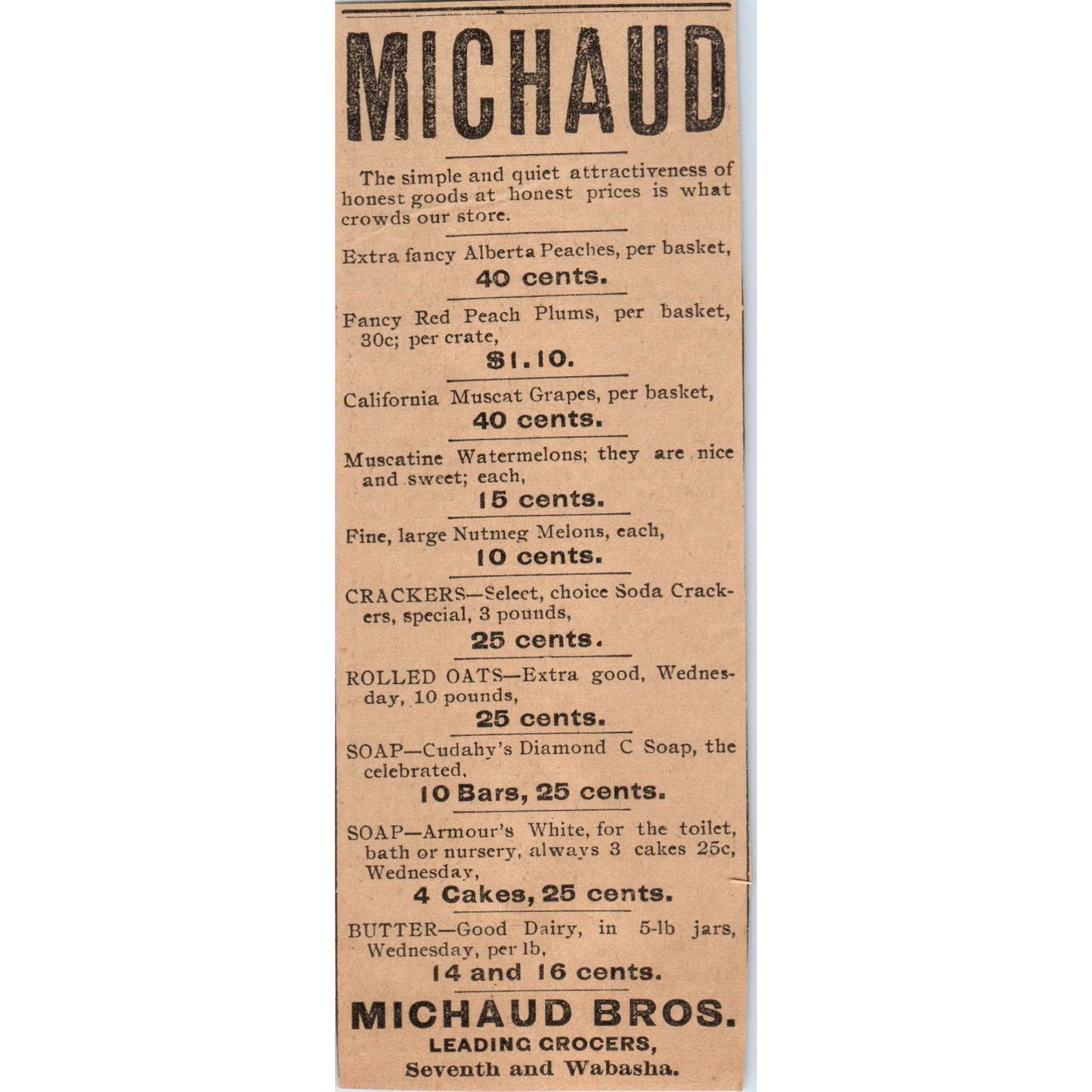 Michaud Bros. Grocers Seventh and Wabasha St. Paul 1898 Newspaper Ad AF2-A2