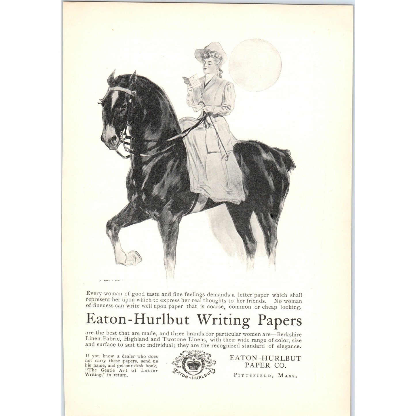 Eaton-Hurlbut Writing Papers Girl on Horse Pittsfield 1906 Victorian Ad AB8-MA4