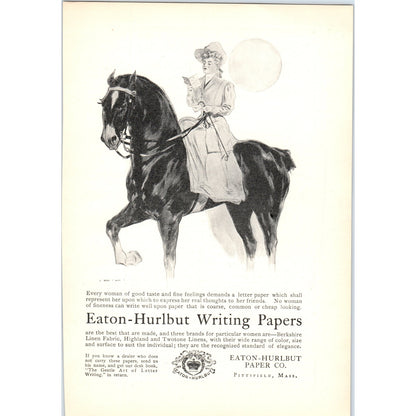 Eaton-Hurlbut Writing Papers Girl on Horse Pittsfield 1906 Victorian Ad AB8-MA4