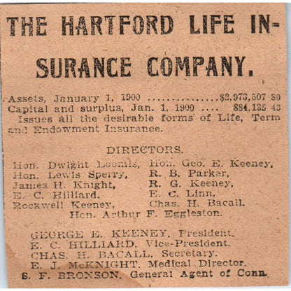 Hartford Life Ins Co George E. Keeney Hartford 1901 Newspaper Ad AD8-HS4
