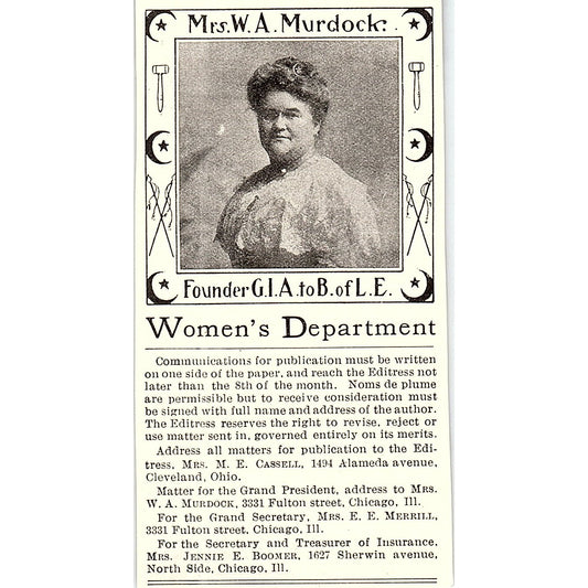 Mrs W.A. Murdock Founder G.I.A. to B of L.E. Chicago 1914 Original Ad AF3-Q4