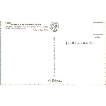 Power House Covered Bridge Johnson Gihan River NH Covered Bridge Postcard PC4