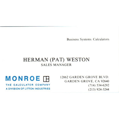 Herman Pat Weston Monroe Calculator Co Garden Grove Vintage Business Card SE3-B2