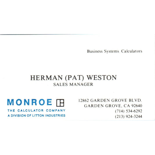 Herman Pat Weston Monroe Calculator Co Garden Grove Vintage Business Card SE3-B2