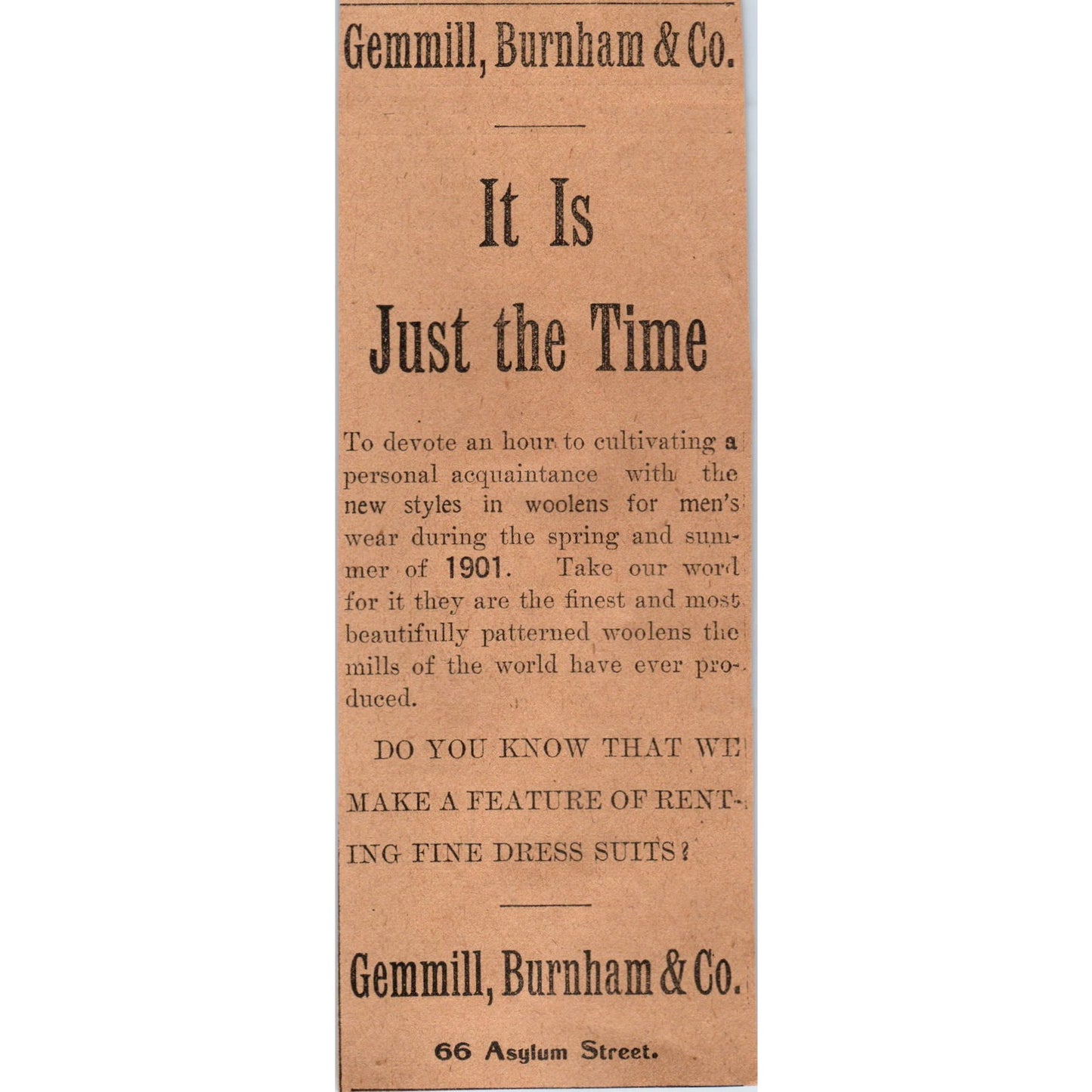 Gemmill, Burnham & Co Fine Dress Suits Hartford 1901 Newspaper Ad AD8-H3