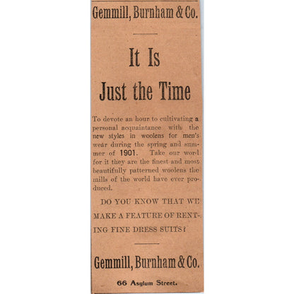 Gemmill, Burnham & Co Fine Dress Suits Hartford 1901 Newspaper Ad AD8-H3