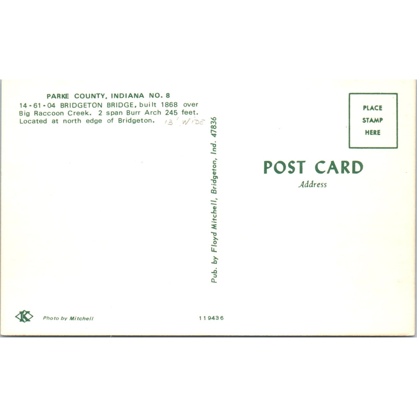 Parke County Indiana #8 Bridgeton Bridge IN Covered Bridge Postcard PB11