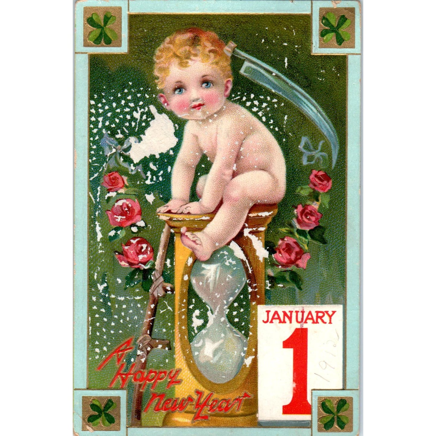 c1910 Raphael Tuck New Year's Card Baby Hourglass Original Postcard PC9