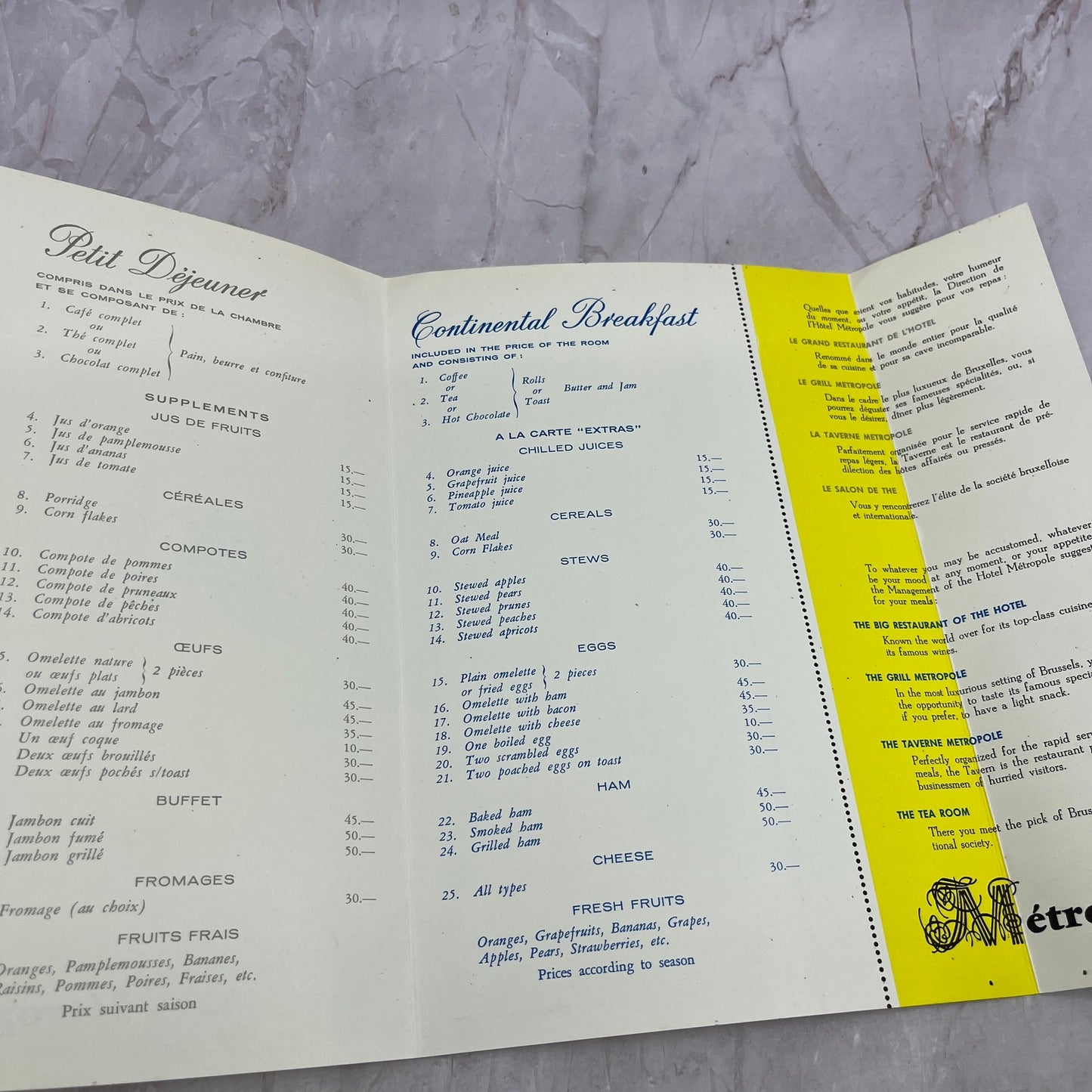 Vintage Hotel Metropole Brussels Belgium Continental Breakfast Menu ML1-7