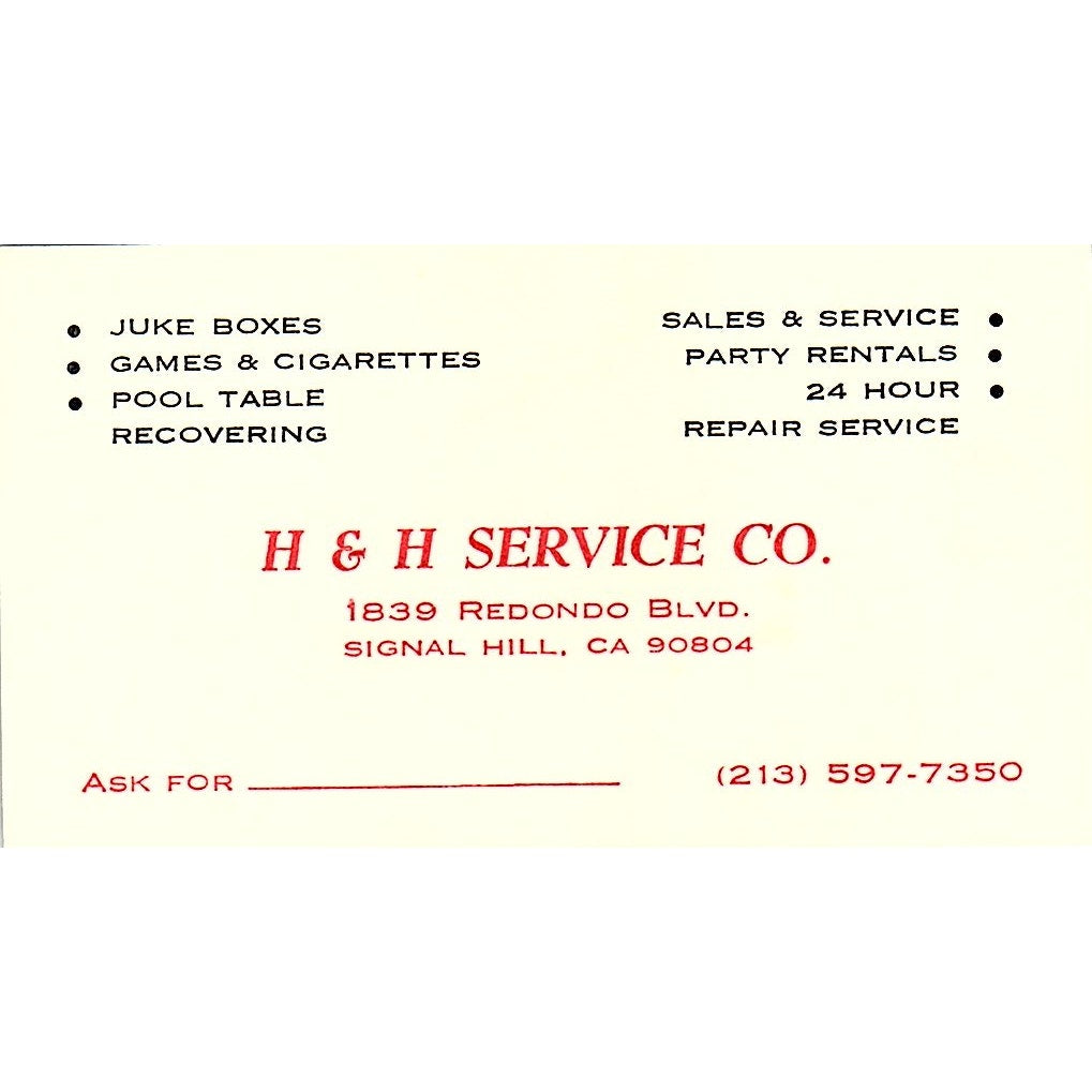 H&H Service Co Signal Hill CA Vintage Business Card SE5-B1