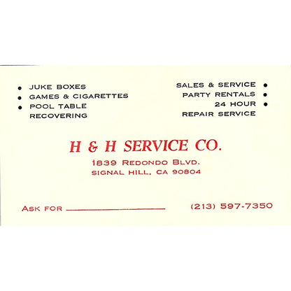 H&H Service Co Signal Hill CA Vintage Business Card SE5-B1