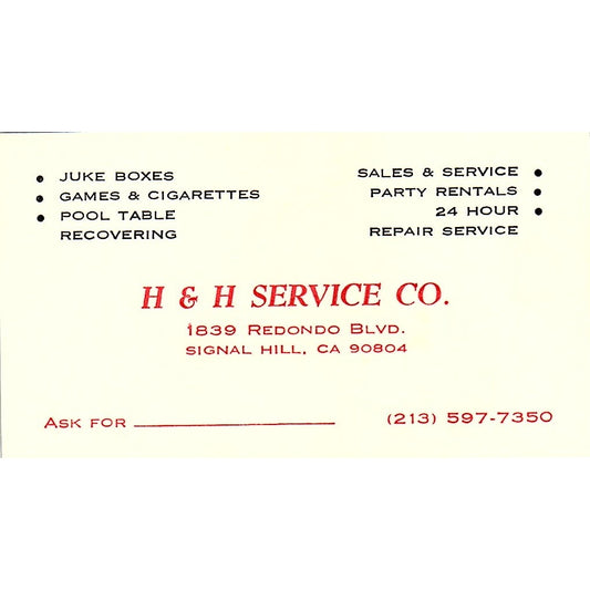 H&H Service Co Signal Hill CA Vintage Business Card SE5-B1