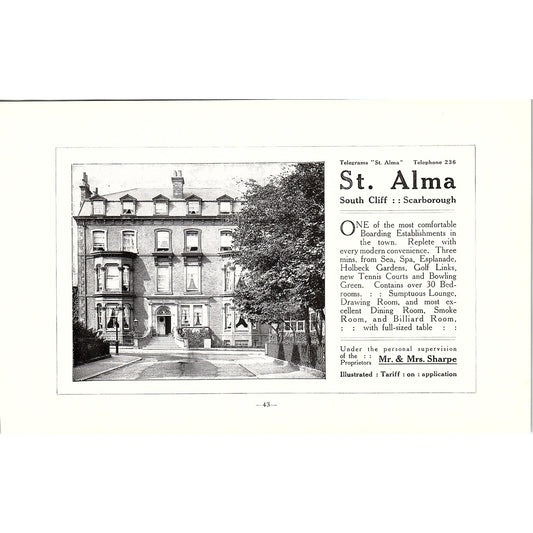 St. Alma South Cliff Scarborough c1910 Ad AF3-9
