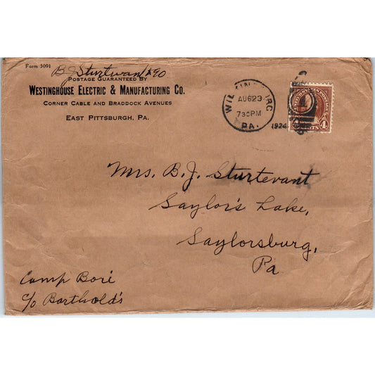 1924 Westinghouse Electric & Mfg East Pittsburgh to Saylorsburg Envelope TG7-PC3