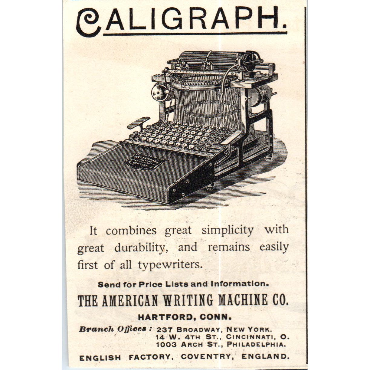 Caligraph American Writing Machine Co Hartford CT c1890 Victorian Ad AE8-CH6