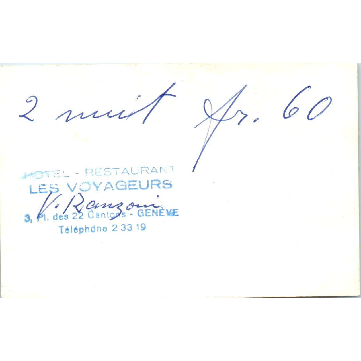 1960s Les Voyageurs Hotel Restaurant Genève Geneva Business Card AF7-E9