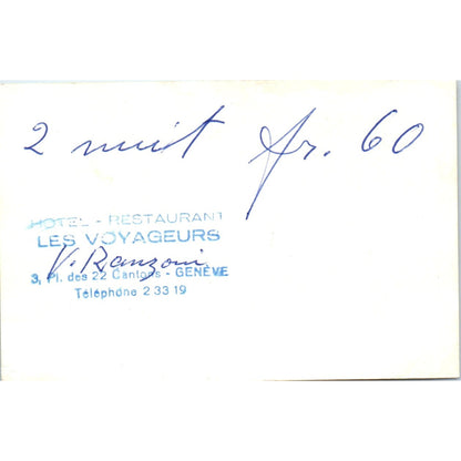 1960s Les Voyageurs Hotel Restaurant Genève Geneva Business Card AF7-E9