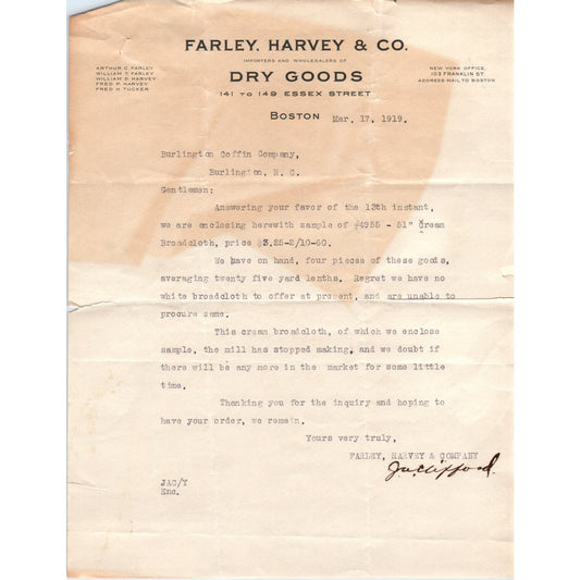 1919 Farley, Harvey & Co Dry Goods Boston MA Billhead Letterhead D17