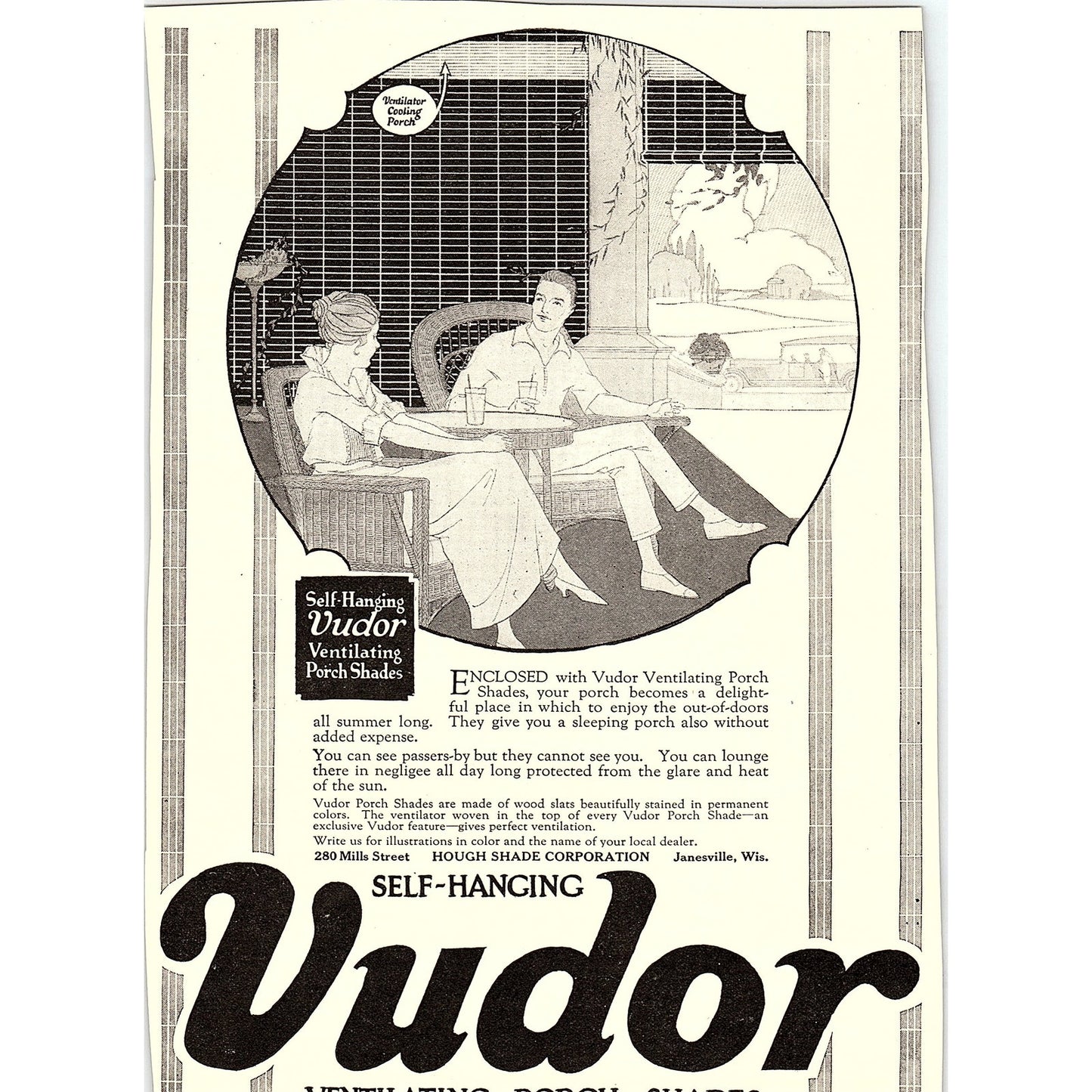 Vudor Ventilating Porch Shades Hough Shade Corp Janesville WI c1920 Ad AF8-8