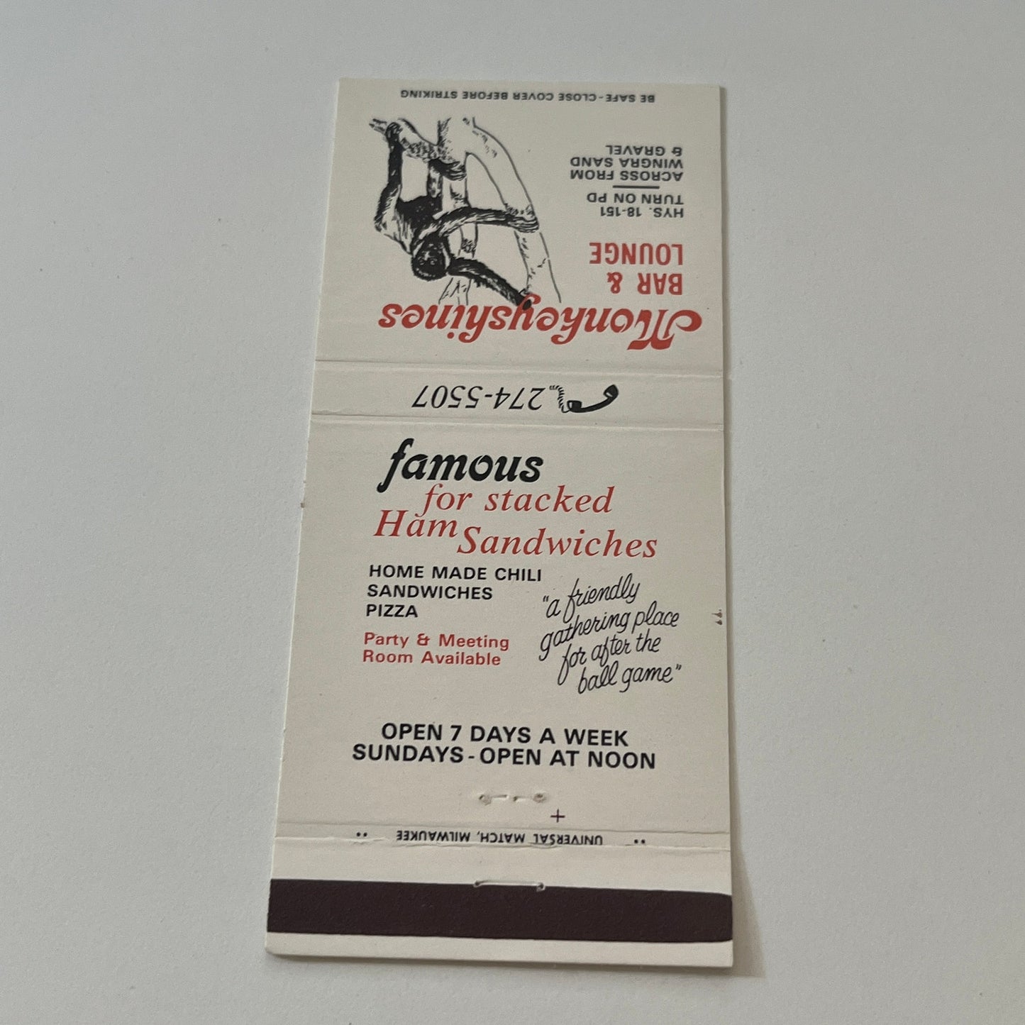 Monkeyshines Bar & Lounge Vintage Matchbook Cover TB6-MB2-6