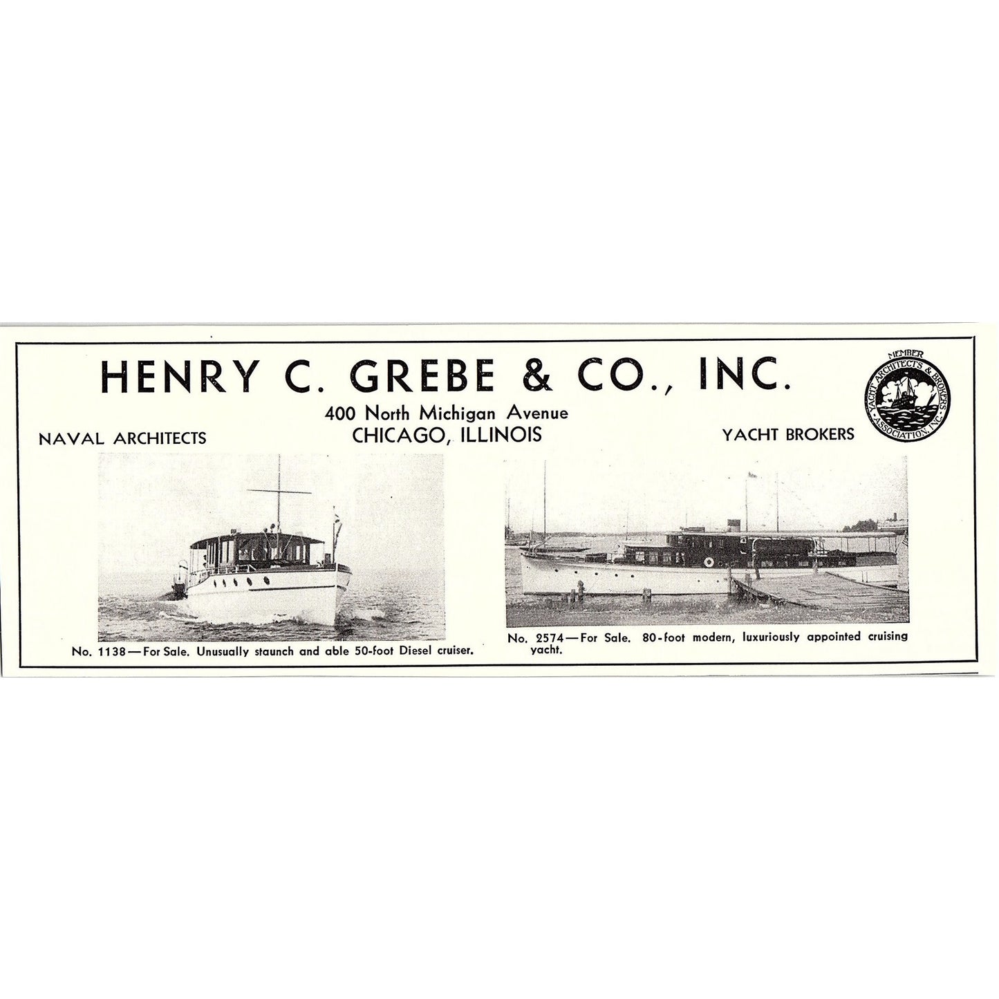 Henry C. Grebe & Co Naval Architects Yacht Brokers Chicago IL 1932 Ad AG2-7