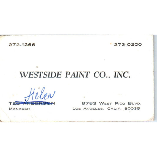 Westside Paint Co Inc Los Angeles CA Vintage Business Card SD8-B14